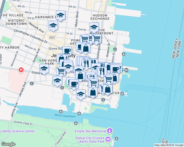 map of restaurants, bars, coffee shops, grocery stores, and more near in Jersey City