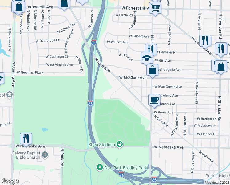 map of restaurants, bars, coffee shops, grocery stores, and more near 2401 North Gale Avenue in Peoria