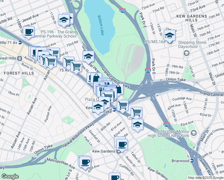 map of restaurants, bars, coffee shops, grocery stores, and more near 77-35 113th Street in Queens