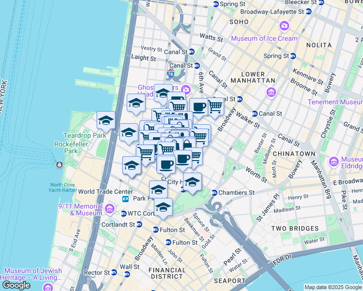 map of restaurants, bars, coffee shops, grocery stores, and more near 30 Thomas Street in New York