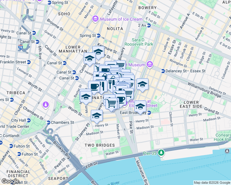 map of restaurants, bars, coffee shops, grocery stores, and more near in New York