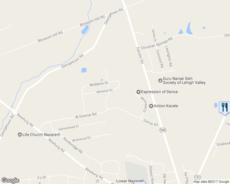 map of restaurants, bars, coffee shops, grocery stores, and more near 4445 Whitetail Drive in Nazareth