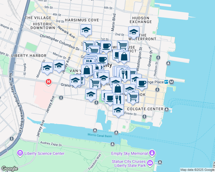 map of restaurants, bars, coffee shops, grocery stores, and more near 170 Grand Street in Jersey City