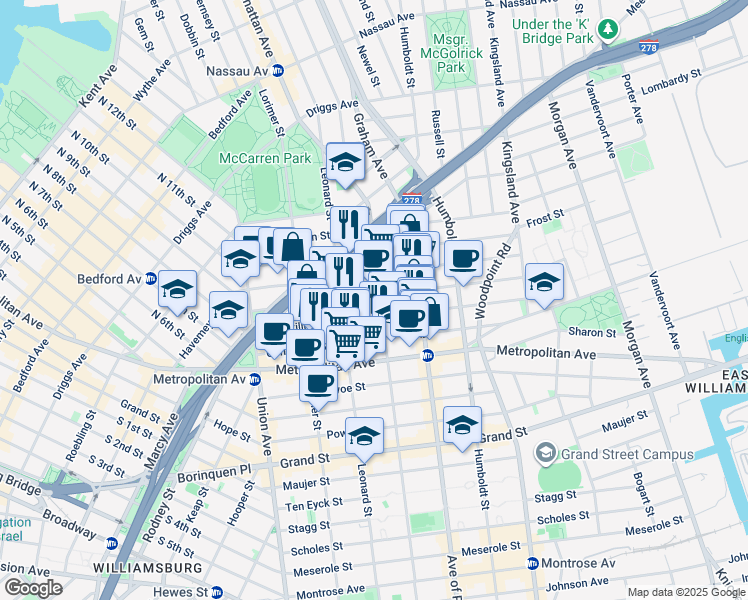 map of restaurants, bars, coffee shops, grocery stores, and more near 111 Skillman Avenue in Brooklyn