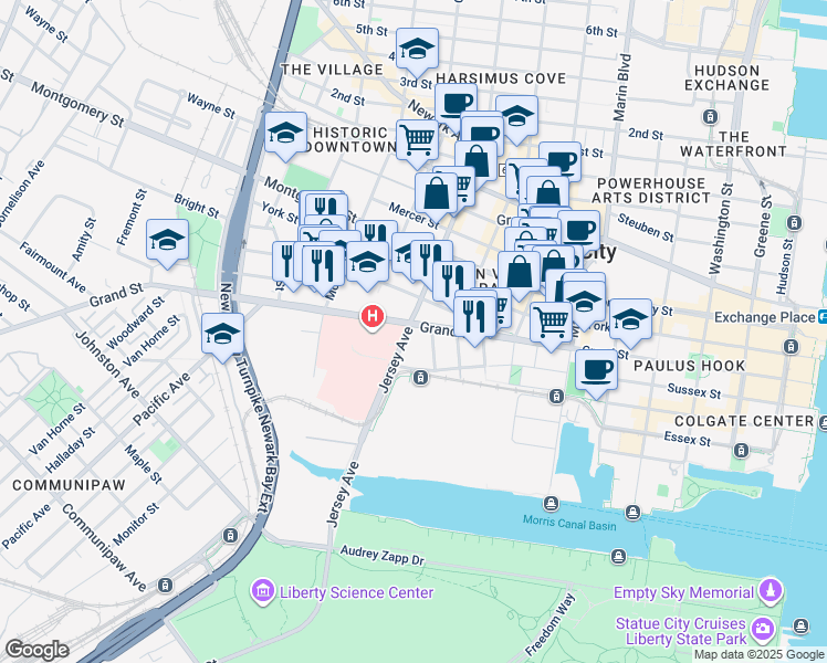 map of restaurants, bars, coffee shops, grocery stores, and more near 333 Grand Street in Jersey City