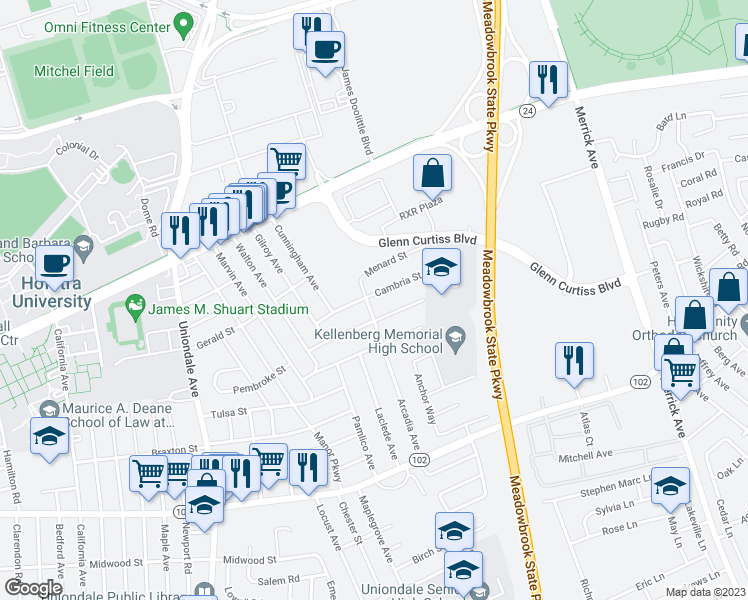 map of restaurants, bars, coffee shops, grocery stores, and more near 1270 Cambria Street in Uniondale