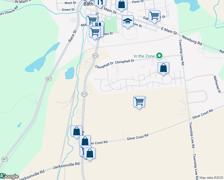 map of restaurants, bars, coffee shops, grocery stores, and more near 171 Bentwood Circle in Bath