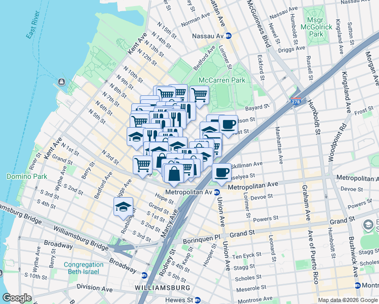 map of restaurants, bars, coffee shops, grocery stores, and more near 251 North 7th Street in Brooklyn