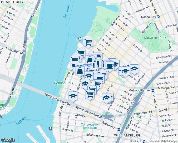 map of restaurants, bars, coffee shops, grocery stores, and more near 100 Metropolitan Avenue in Brooklyn