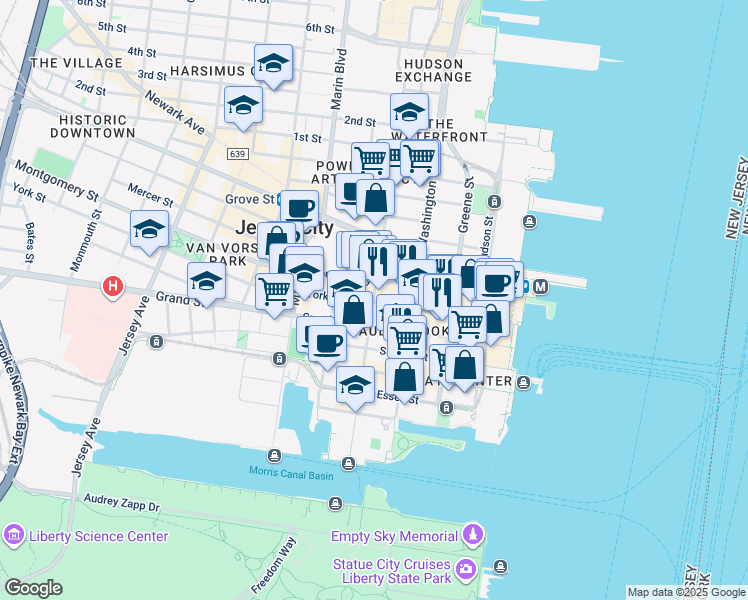 map of restaurants, bars, coffee shops, grocery stores, and more near 255 Warren Street in Jersey City