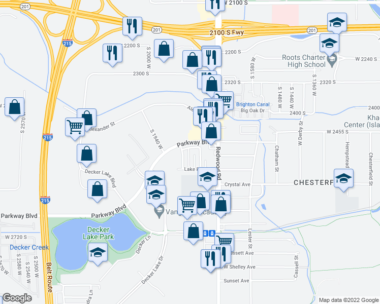 map of restaurants, bars, coffee shops, grocery stores, and more near 2530 South Lakecrest Drive in West Valley City