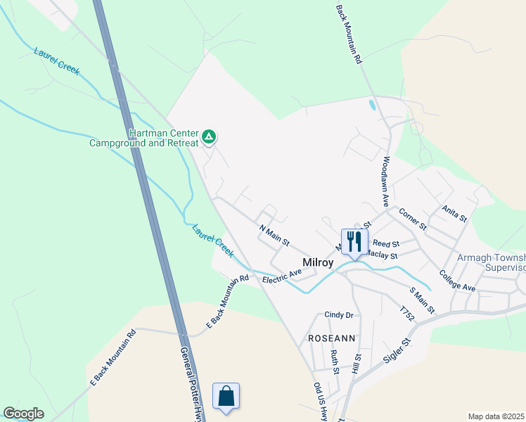 map of restaurants, bars, coffee shops, grocery stores, and more near 28 Ryans Circle in Milroy