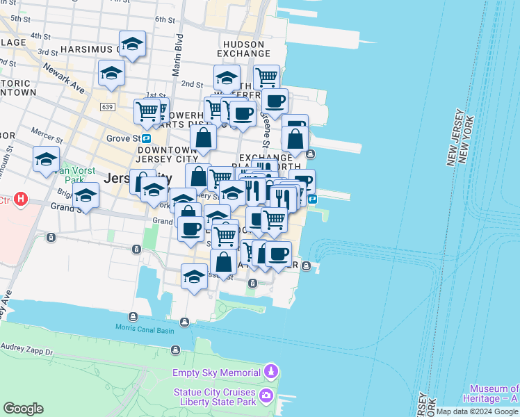 map of restaurants, bars, coffee shops, grocery stores, and more near 31 Montgomery Street in Jersey City