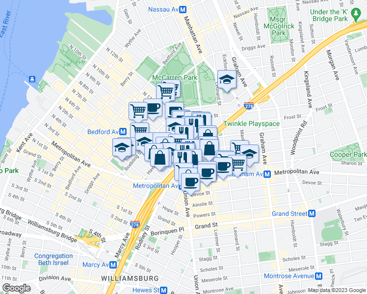 map of restaurants, bars, coffee shops, grocery stores, and more near in Brooklyn