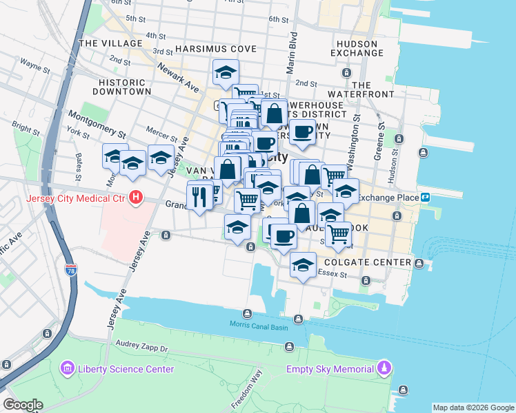 map of restaurants, bars, coffee shops, grocery stores, and more near 241 Marin Boulevard in Jersey City