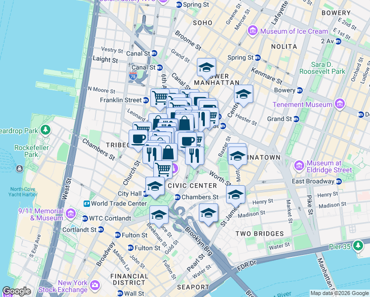 map of restaurants, bars, coffee shops, grocery stores, and more near 101 Worth Street in New York