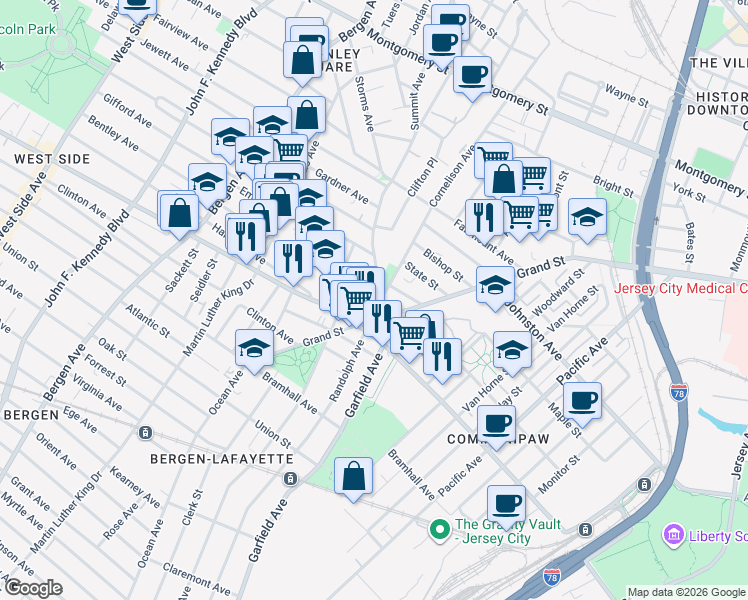 map of restaurants, bars, coffee shops, grocery stores, and more near 35 Summit Avenue in Jersey City