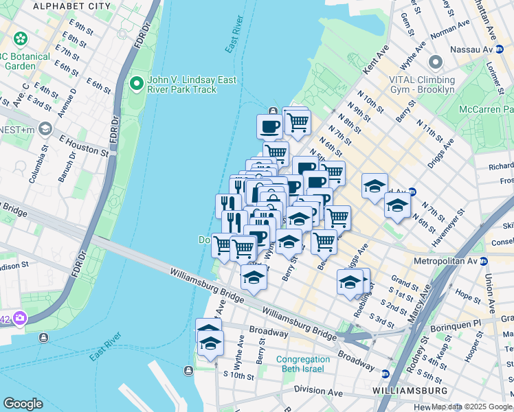 map of restaurants, bars, coffee shops, grocery stores, and more near 260 Kent Avenue in Brooklyn