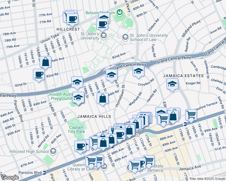 map of restaurants, bars, coffee shops, grocery stores, and more near 17045 84th Road in Queens
