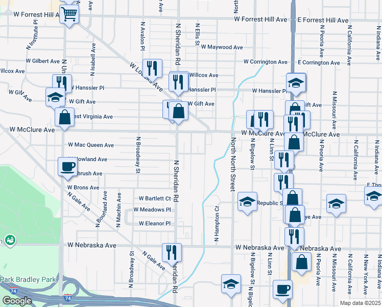 map of restaurants, bars, coffee shops, grocery stores, and more near 599 West Archer Avenue in Peoria