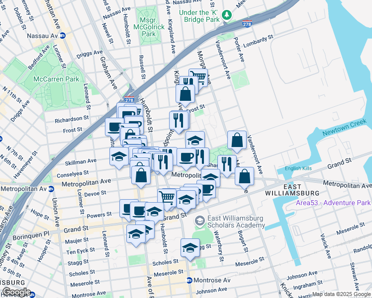 map of restaurants, bars, coffee shops, grocery stores, and more near Kingsland Avenue & Skillman Avenue in Brooklyn