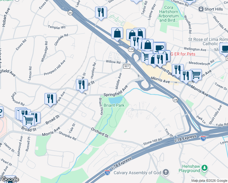 map of restaurants, bars, coffee shops, grocery stores, and more near 63 Springfield Avenue in Summit
