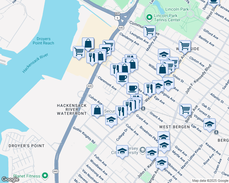 map of restaurants, bars, coffee shops, grocery stores, and more near 55 Mallory Avenue in Jersey City