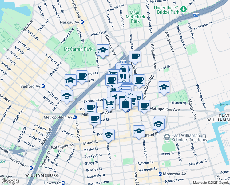 map of restaurants, bars, coffee shops, grocery stores, and more near 364 Manhattan Avenue in Brooklyn