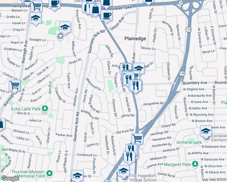 map of restaurants, bars, coffee shops, grocery stores, and more near 4206 Florence Road in Bethpage