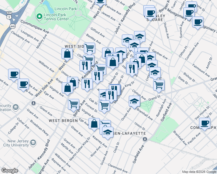 map of restaurants, bars, coffee shops, grocery stores, and more near in Jersey City