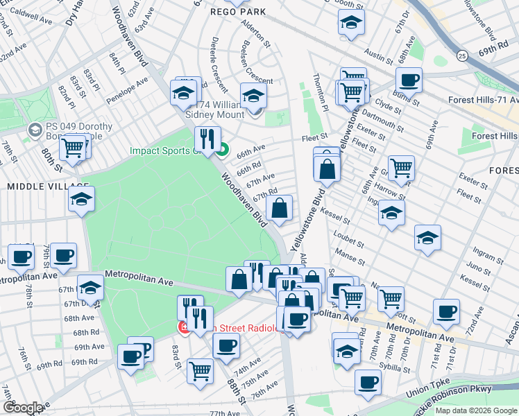 map of restaurants, bars, coffee shops, grocery stores, and more near 67-11 Woodhaven Boulevard in Queens