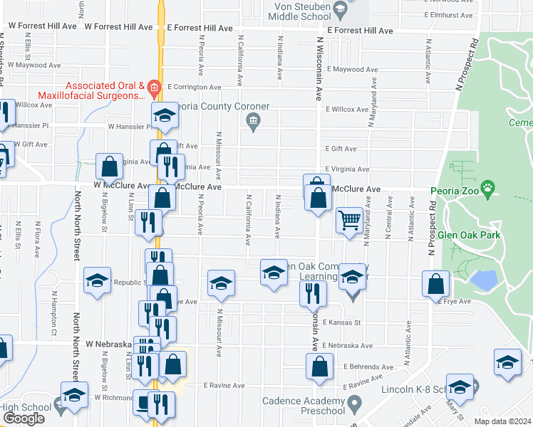 map of restaurants, bars, coffee shops, grocery stores, and more near 601 East Archer Avenue in Peoria