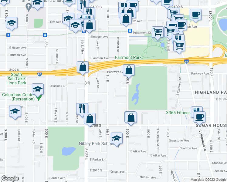 map of restaurants, bars, coffee shops, grocery stores, and more near 831 E Stratford Ave in Salt Lake City