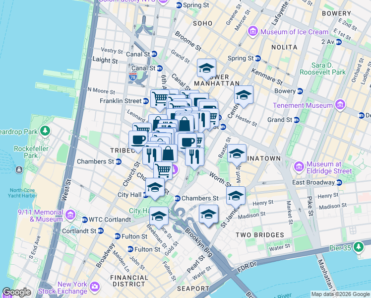 map of restaurants, bars, coffee shops, grocery stores, and more near 108 Leonard Street in New York
