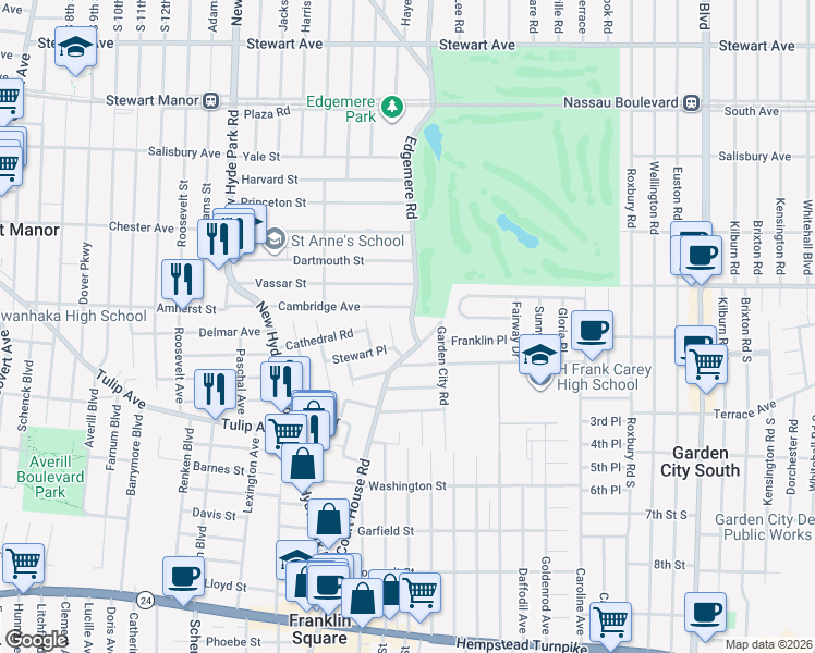 map of restaurants, bars, coffee shops, grocery stores, and more near 283 Plain Court in Franklin Square