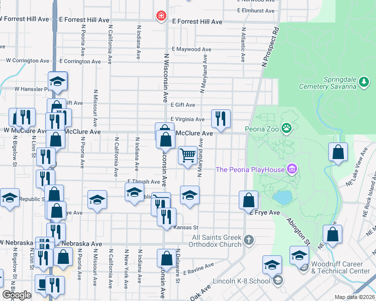 map of restaurants, bars, coffee shops, grocery stores, and more near 2326 North Delaware Street in Peoria