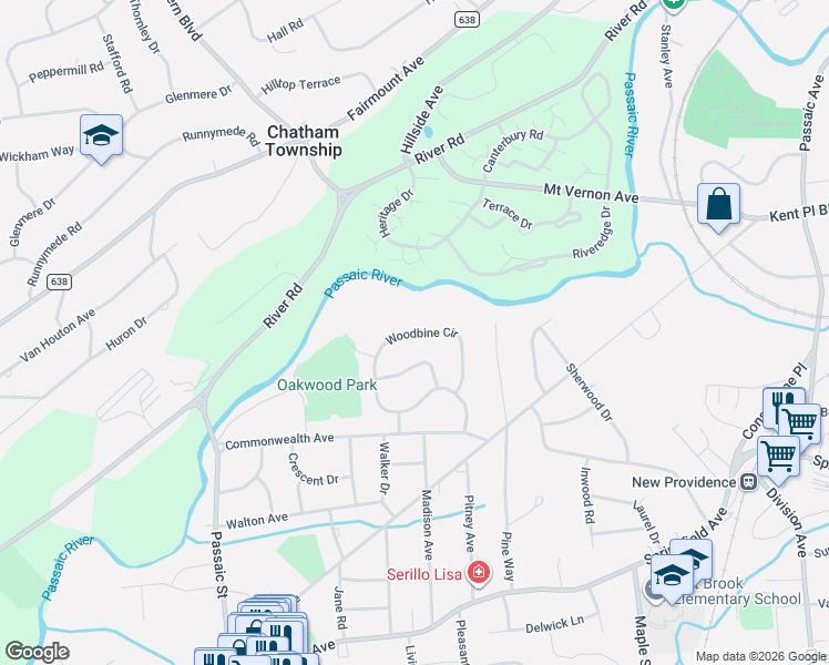 map of restaurants, bars, coffee shops, grocery stores, and more near 185 Woodbine Circle in New Providence