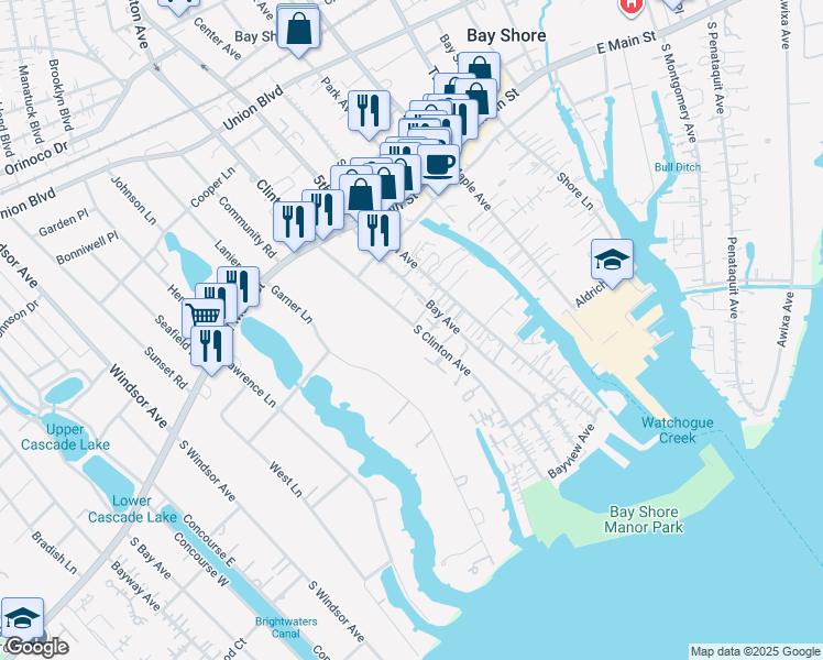 map of restaurants, bars, coffee shops, grocery stores, and more near 54 Clinton Avenue in Bay Shore