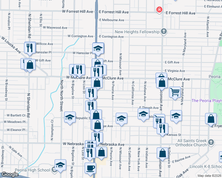 map of restaurants, bars, coffee shops, grocery stores, and more near 206 East Archer Avenue in Peoria
