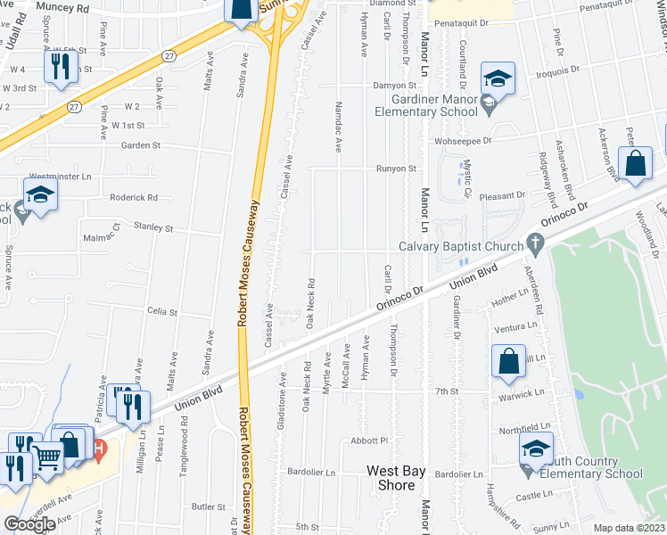 map of restaurants, bars, coffee shops, grocery stores, and more near 1090 Namdac Avenue in Bay Shore