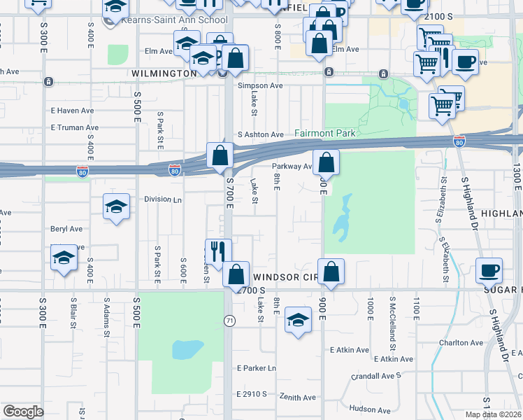 map of restaurants, bars, coffee shops, grocery stores, and more near 2506 800 East in Salt Lake City