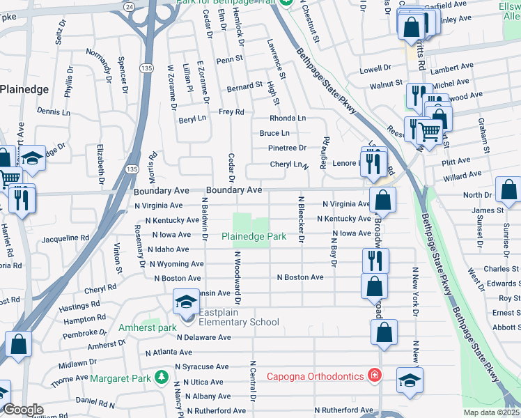 map of restaurants, bars, coffee shops, grocery stores, and more near 447 North Central Drive in Massapequa