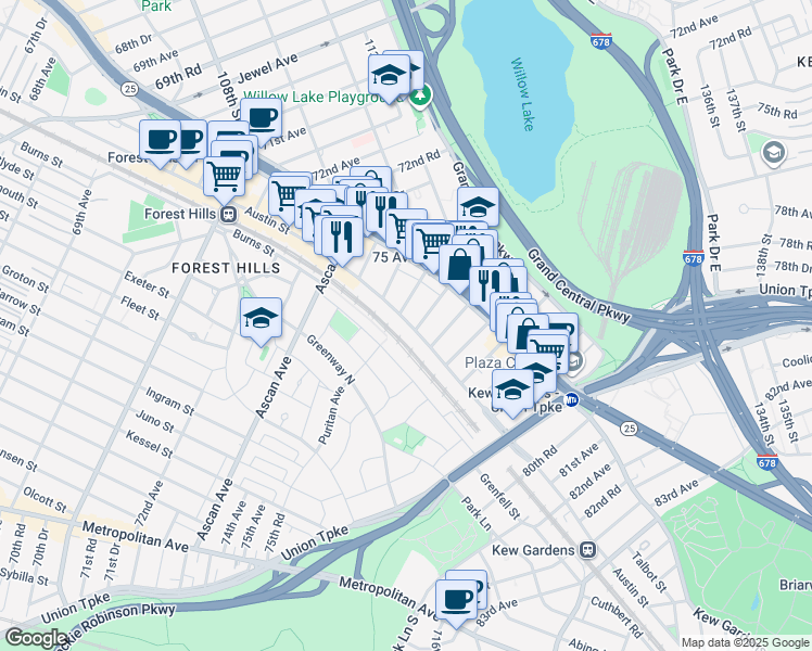 map of restaurants, bars, coffee shops, grocery stores, and more near in Queens