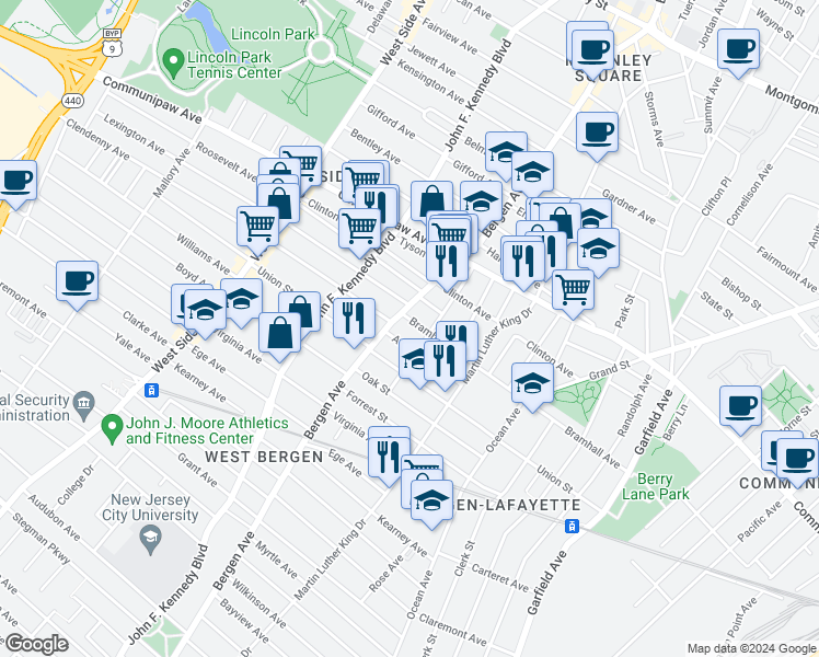 map of restaurants, bars, coffee shops, grocery stores, and more near 625 Bramhall Avenue in Jersey City