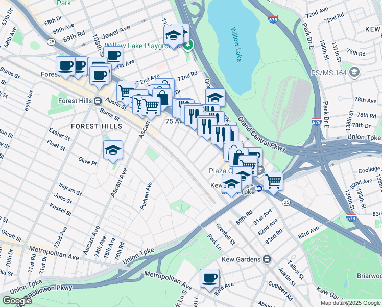 map of restaurants, bars, coffee shops, grocery stores, and more near 111-14 76th Avenue in Queens