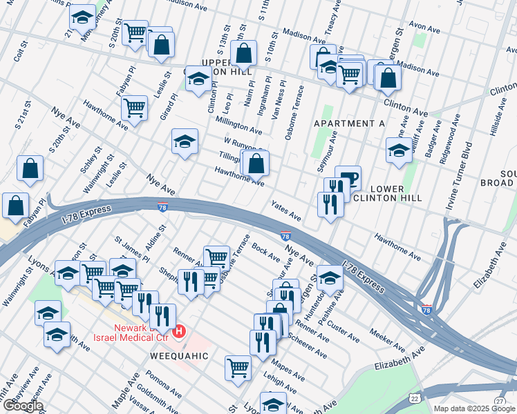 map of restaurants, bars, coffee shops, grocery stores, and more near 185 Osborne Terrace in Newark
