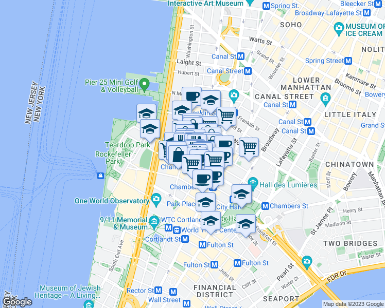 map of restaurants, bars, coffee shops, grocery stores, and more near 155 Chambers Street in New York