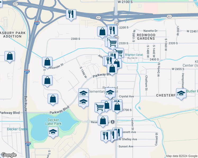map of restaurants, bars, coffee shops, grocery stores, and more near 2530 South Lakecrest Drive in West Valley City