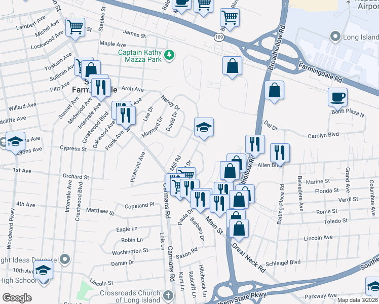map of restaurants, bars, coffee shops, grocery stores, and more near 19 Daniel Drive in Farmingdale