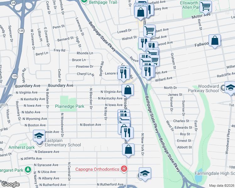 map of restaurants, bars, coffee shops, grocery stores, and more near 286 North Kentucky Avenue in Massapequa